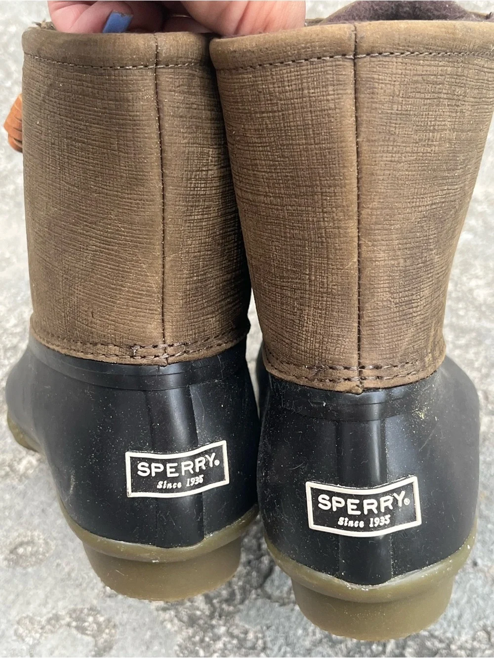 Sperry Brown Canvas + Black Rubber Duck Boots women’s size 9
